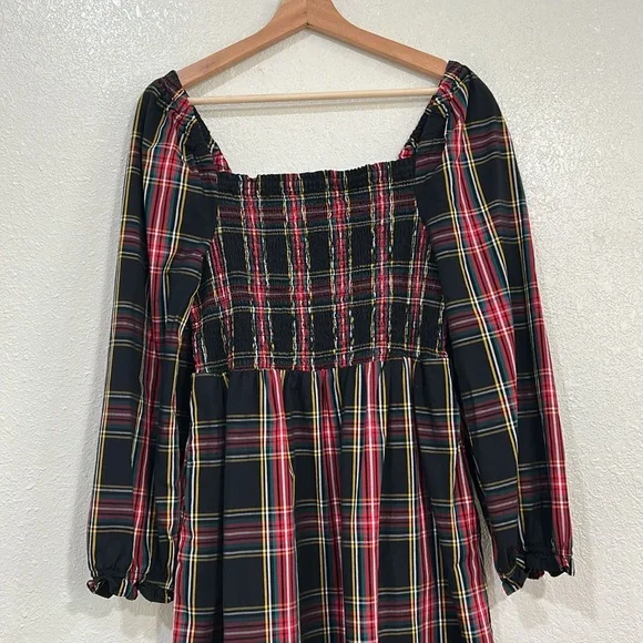 JCREW WOMENS PLAID SMOCKED COTTON POPLIN MIDI DRESS RED BLACK SZ MEDIUM - Picture 2 of 13